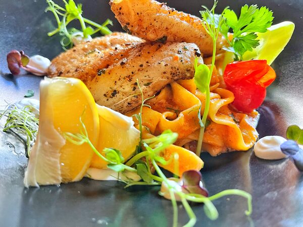 Dorozsmai fogasfilé tejfölös lecsókrémmel, szélesmetélttel